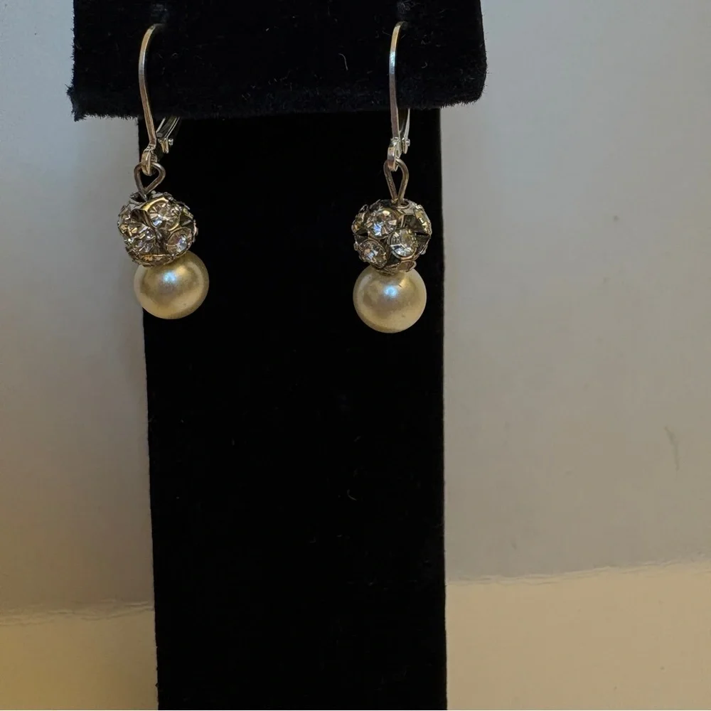 Elegant Silver and Pearl Drop Earrings, faux pearl, handmade, 1.5